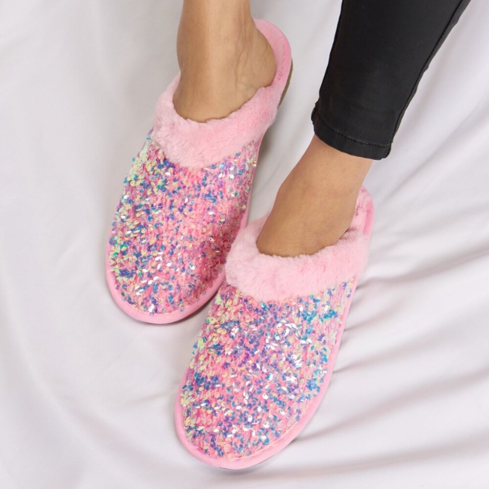 Sequin Plush Round Toe Slippers